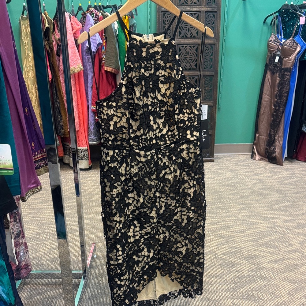 Lulu's Black and Cream High Low Lace Dress